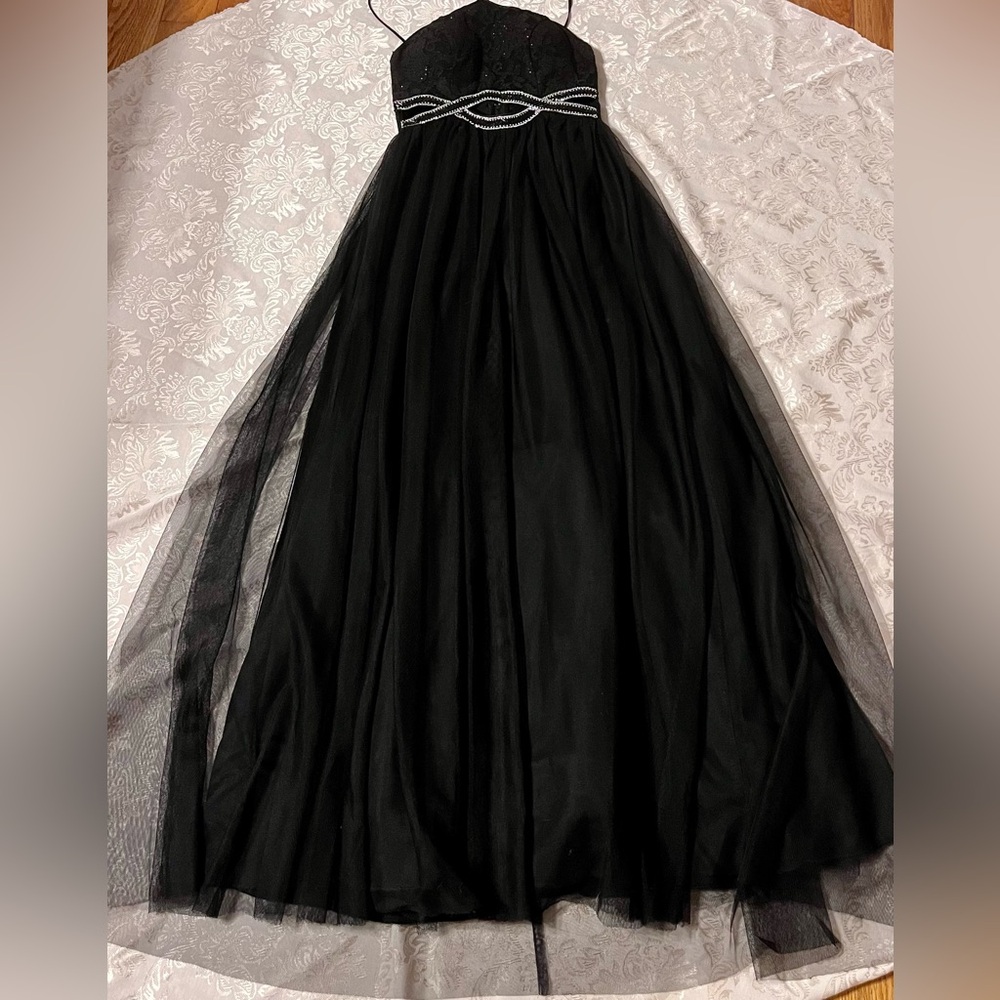 Sequin Hearts Black Lace Tulle Prom Dress Size 0 Embellished Cutout Evening Gown - Picture 9 of 17